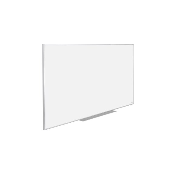 Angled view of a white Quartet Penrite Slimline porcelain whiteboard in a silver aluminium frame with a short pen tray on the lower edge; ACCO's own image for QTPWI181A.