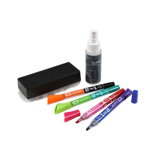 Quartet dry erase kit QT79549 laid out: a grey cleaner spray bottle, a black eraser with a felt base and 4 double ended 2 in 1 markers