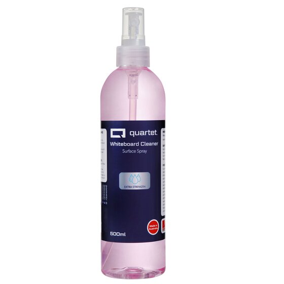 Quartet QTESWC5 Extra Strength Whiteboard Cleaner in the current navy label design with a silver Extra Strength panel, a 500ml mist spray bottle of pink liquid with a red Made in Australia badge