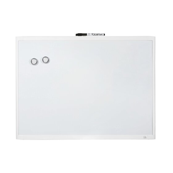 Quartet Basics whiteboard in a white frame on a plain white background, wider than it is tall, with clear ring magnets near the top left and a Quartet marker on the top edge