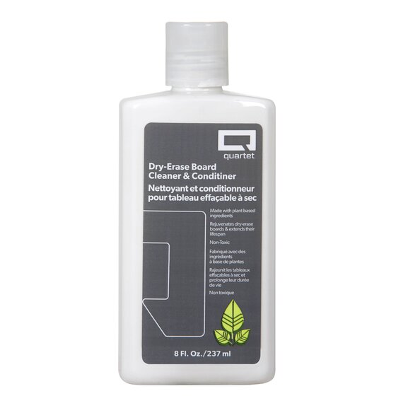 Quartet QT551 Dry-Erase Board Cleaner and Conditioner in the current grey label design, a white bottle with a clear cap, a green leaf icon and English and French text, labelled 8 Fl. Oz./237 ml