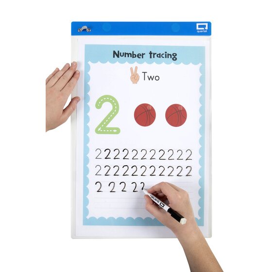 Hand writing numbers on a tracing sheet inside a Quartet Flex A3 pocket sleeve