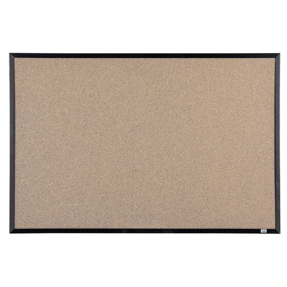 Quartet black framed corkboard photographed empty and landscape on white, a speckled grey brown graphite grain cork surface filling the frame
