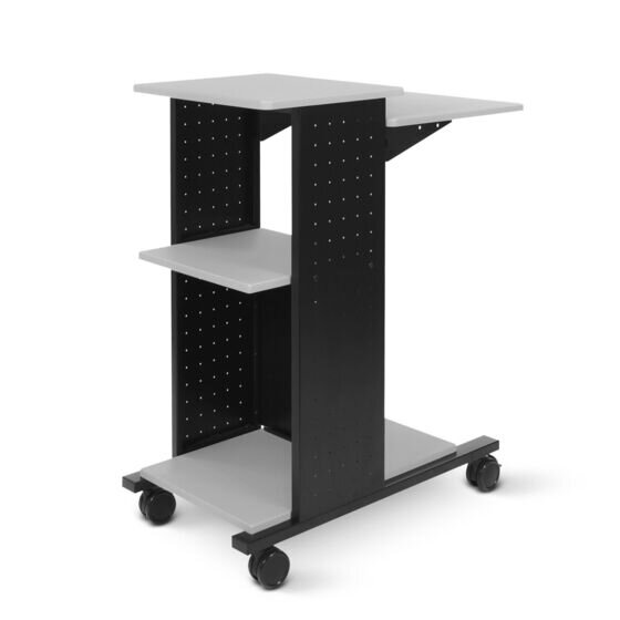 Tuffy QTWPS4 presentation station seen from the front at an angle, with grey laminate top, side, middle and bottom surfaces on a black frame with castors