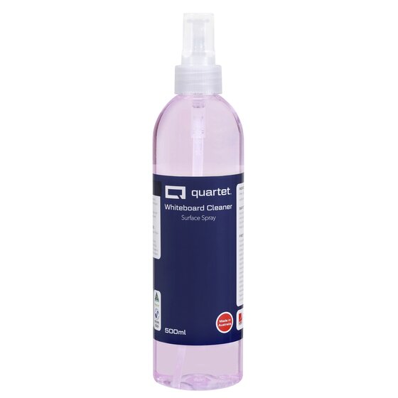 Quartet QTTWC1000 Whiteboard Cleaner in the current navy label design, a 500ml mist spray bottle of pink liquid reading Surface Spray, with a red Made in Australia badge on the label