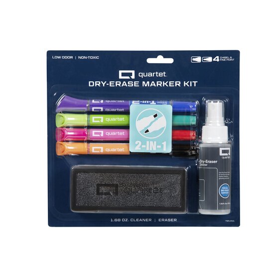 Quartet Dry-Erase Marker Kit QT79549 on a navy card with 4 double ended markers, a black eraser and a small cleaner spray bottle, printed 1.68 oz cleaner and eraser