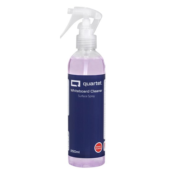 Quartet QTTWC250 Whiteboard Cleaner in the current navy label design, a 250ml trigger spray bottle of pink liquid reading Surface Spray, with a red Made in Australia badge on the label