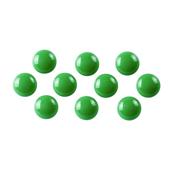 ACCO Australia's photograph of 10 glossy green round Quartet magnetic buttons for QTTMB2300, arranged in rows and seen from above. It is not drawn to scale.