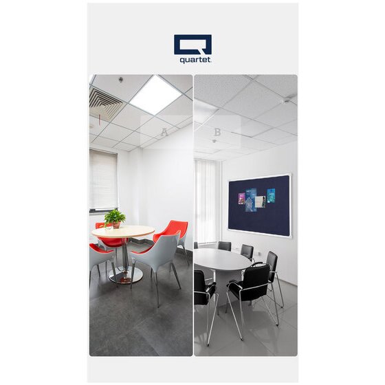 Quartet two panel image of a meeting room, the left panel with bare walls and the right with a dark blue pinboard hung above a round table and black chairs