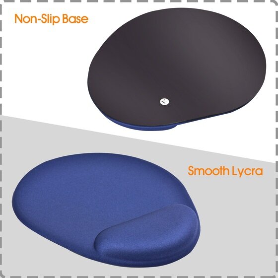 Two views of the Dac MP127 mouse pad: the dark underside labelled Non-Slip Base, and the blue top labelled Smooth Lycra with its straight wrist rest