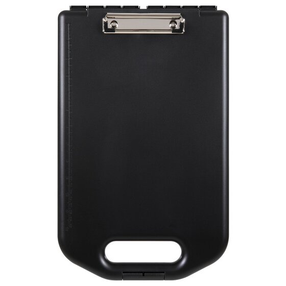 Front view of the closed black Marbig storage clipboard 0280510 with a chrome wire clip at the top and a carry handle cut-out at the base