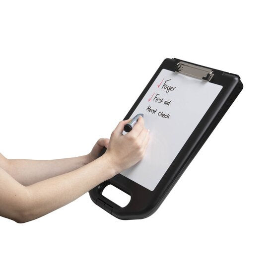 Hand writing a checklist with a black marker on the whiteboard face of the Marbig storage clipboard 0368510
