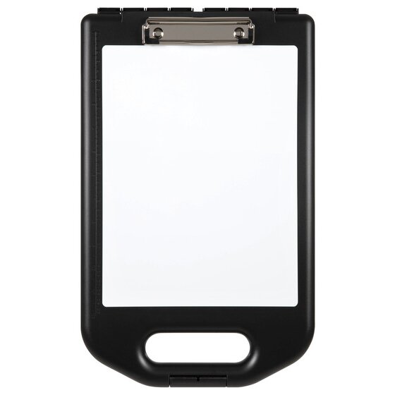 Front view of the black Marbig storage clipboard 0368510 with a blank white whiteboard panel, a wire clip at the top and a carry handle cut-out