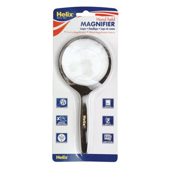 Helix hand held magnifier 0351820 on the current card, printed 2 x 4 x Magnification, Bifocal Magnification feature and Diameter 75mm