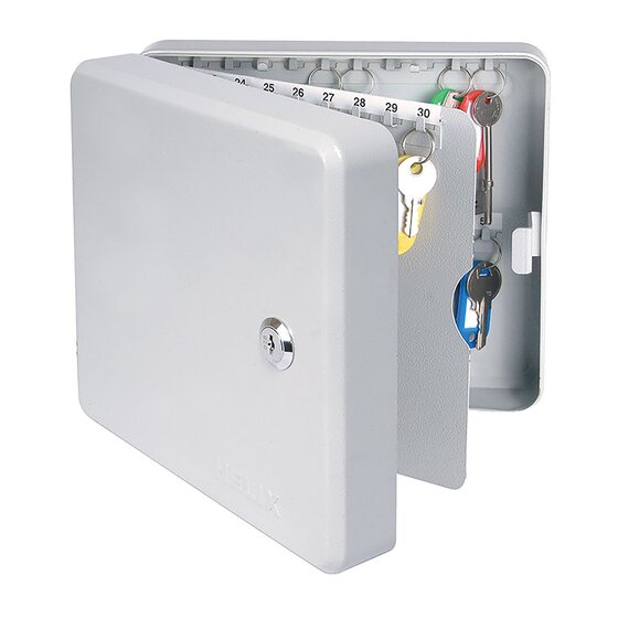 Helix 50 key cabinet 0353180 as pictured by ACCO Brands, grey, door open with an inner panel of numbered hooks and coloured key tags