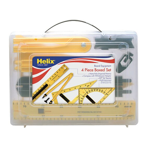 Helix board equipment 4 piece boxed set 0352840 in its clear case with carry handle, label listing metre rule, compass, 60 degree set square and multi-instrument