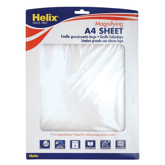 Helix A4 magnifying sheet 0351830 on the current white and blue card, printed 2 x Magnification, with icons for newspapers, maps and timetables
