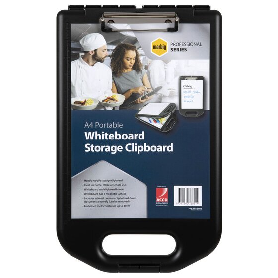Marbig storage clipboard 0368510 with its retail card, titled A4 Portable Whiteboard Storage Clipboard, with the Professional Series badge and the barcode