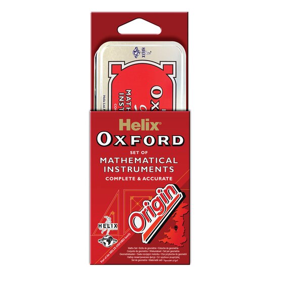 Red Helix Oxford Set of Mathematical Instruments card with an Origin flash and a tin inside