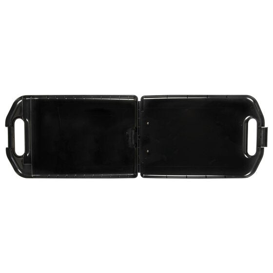Black Marbig storage clipboard 0280510 opened out flat, showing the empty inner compartment and a handle at each end