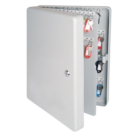 Helix 150 key cabinet 0353220 as pictured by ACCO Brands, grey, door and inner panel open, numbered hooks with key tags