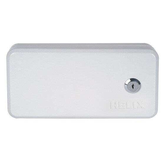 Helix 20 key cabinet 0353160 as pictured by ACCO Brands, closed, grey with a key lock and the Helix name embossed on the door