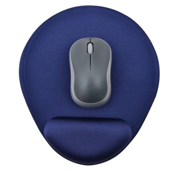 Dac MP127 Super Gel mouse pad in blue seen from above, with a grey wireless mouse on the mousing area and the straight wrist rest along the front edge