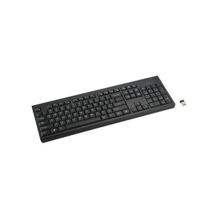 Kensington KB270 EQ Keyboard in black, angled view of the full-size layout with the USB-A nano receiver beside it