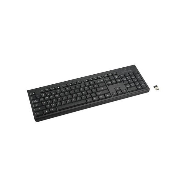Kensington KB270 EQ Keyboard in black, angled view of the full-size layout with the USB-A nano receiver beside it