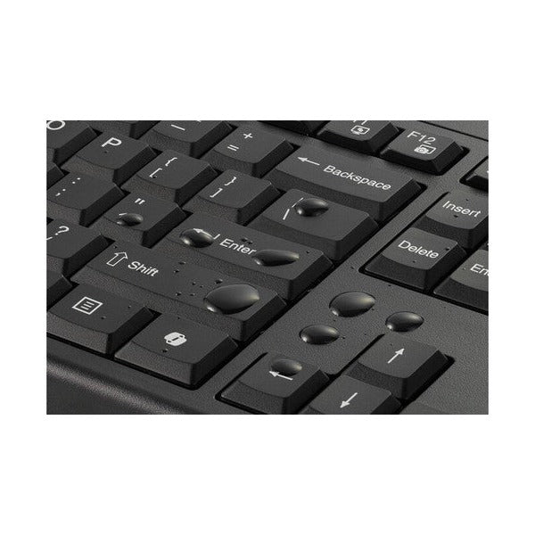 Kensington KB270 EQ Keyboard close-up of black keys with water droplets on the Enter and arrow keys