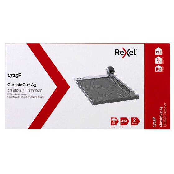 Rexel ClassicCut 1715P A3 MultiCut Trimmer pack showing 15 sheet, 432mm and 2 year icons