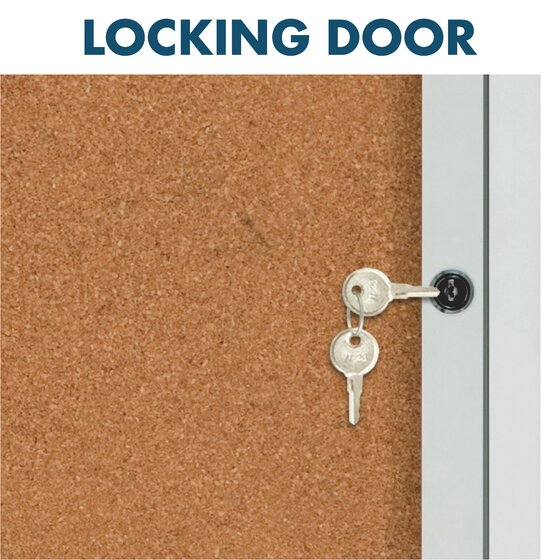 Close view of the locking door on a Quartet enclosed cork board, keys in a lock set into the aluminium frame over the cork, under Locking Door lettering