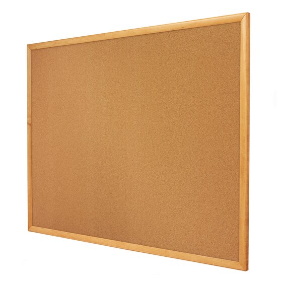 Plain Quartet cork board in a light honey toned oak finish frame, photographed empty and angled on a white background