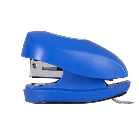 Side view of the blue Rexel Tot mini stapler showing the domed upper shell, the chrome staple channel through the front opening and the flat base with a metal remover tab at the rear.