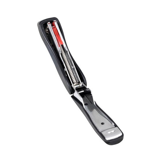 The black Rexel Bambi mini stapler opened out flat, showing the full length chrome magazine rail, the coil spring and the red staple pusher along the inside.