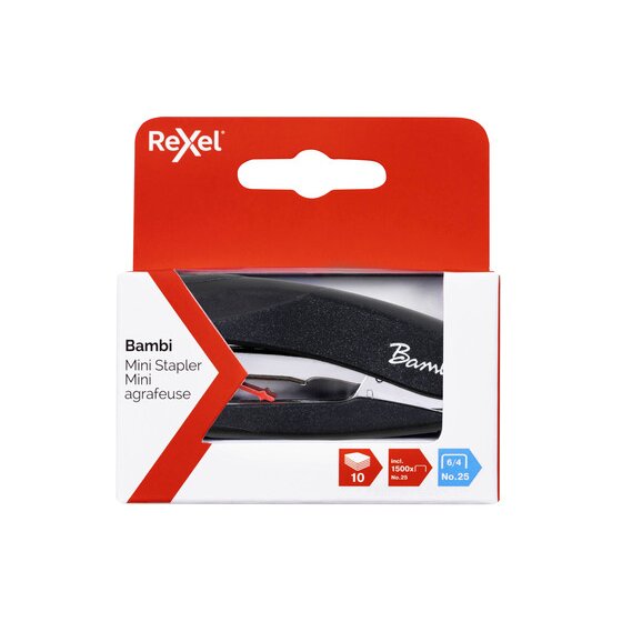 Rexel Bambi mini stapler retail pack in red and white, showing the black stapler through a window and three printed icons reading 10 sheets, incl. 1500x No.25 and 6/4 No.25.