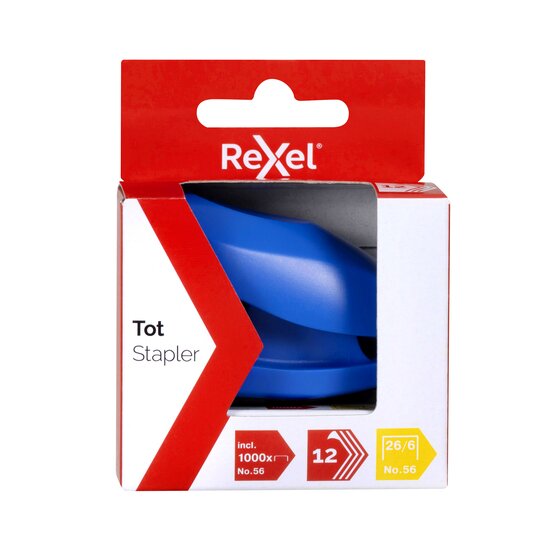 Rexel Tot stapler retail pack in red and white with the blue stapler visible through a window and three printed icons reading incl. 1000x No.56, 12 sheets and 26/6 No.56.