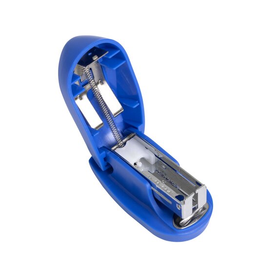 The blue Rexel Tot mini stapler opened out, showing the coil spring, the chrome magazine rail and the metal anvil inside the base.