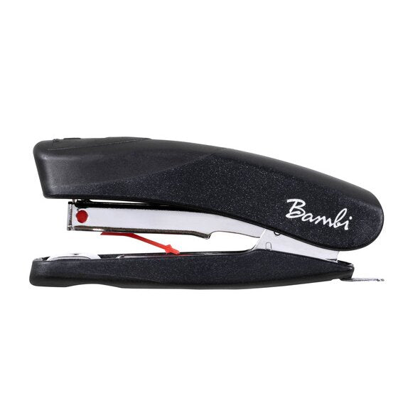 Side view of the black Rexel Bambi mini stapler with the Bambi script on the shell, the chrome staple channel open along the length and a red staple pusher inside.
