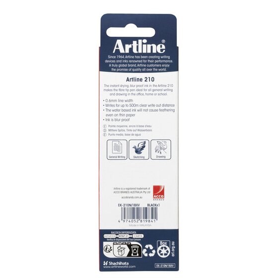 Back of the Artline 210 single pack with EK-210N/1BXV BLACKx1, barcode and Made in MALAYSIA