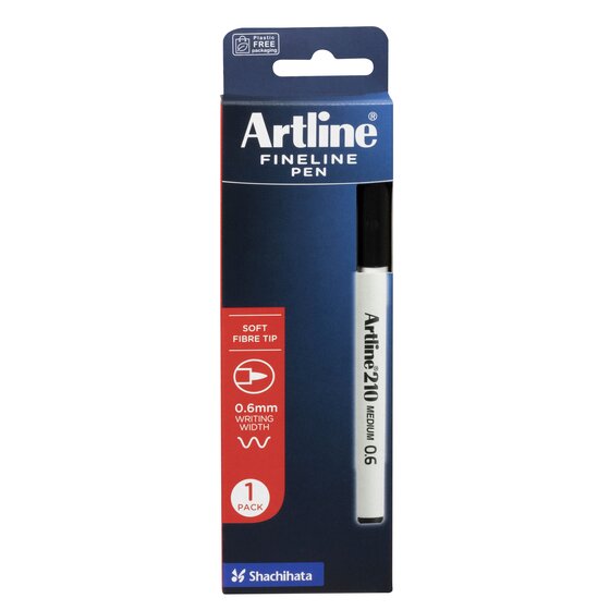 Front of the Artline 210 single pen box marked 1 PACK, SOFT FIBRE TIP and 0.6mm WRITING WIDTH