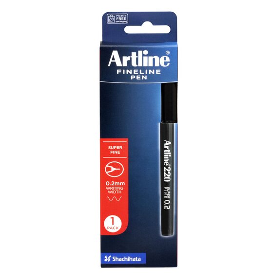 Front of the Artline 220 FINELINE PEN 1 PACK box with a black pen and a 0.2mm WRITING WIDTH badge