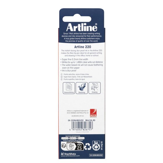 Back of the Artline 220 four pack printed EK-220N/4BXV/02 BKx2,BL,RD, barcode 4974052826757 and Made in MALAYSIA