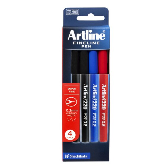 Front of the Artline 220 FINELINE PEN 4 PACK box holding two black pens, a blue pen and a red pen, 0.2mm WRITING WIDTH badge