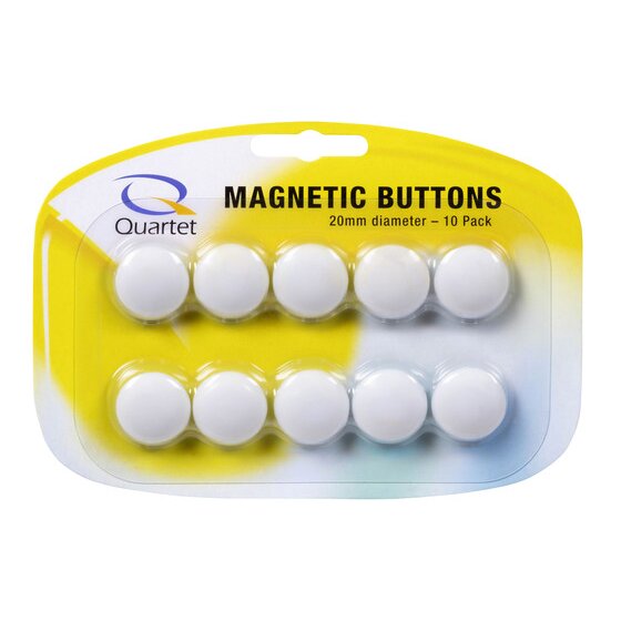 The QTTMB2400 pack: a Quartet card printed Magnetic Buttons, 20mm diameter, 10 Pack, with 10 white buttons in 2 rows under a clear blister on a yellow and white backing.