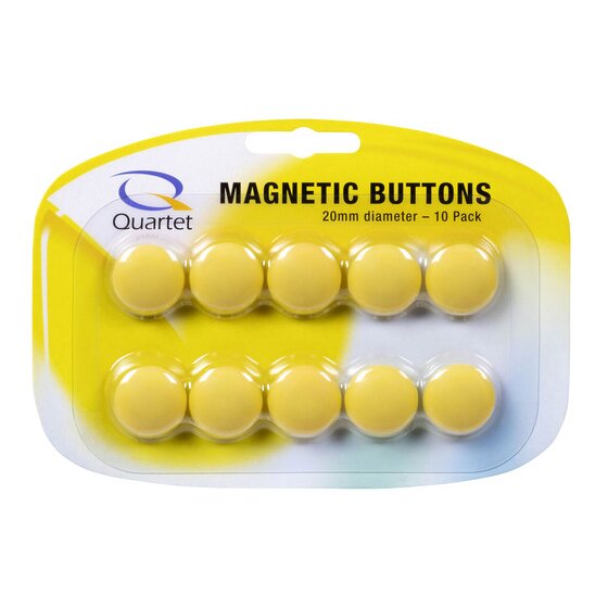 The QTTMB2500 pack: a Quartet card printed Magnetic Buttons, 20mm diameter, 10 Pack, with 10 yellow buttons in 2 rows under a clear blister on a yellow and white backing.