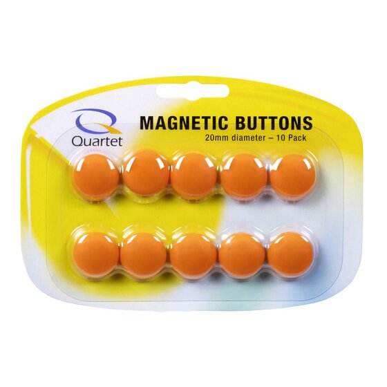 The QTTMB2600 pack: a Quartet card printed Magnetic Buttons, 20mm diameter, 10 Pack, with 10 orange buttons in 2 rows under a clear blister on a yellow and white backing.