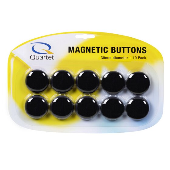 The QTTMB3000 pack: a Quartet card printed Magnetic Buttons, 30mm diameter, 10 Pack, with 10 black buttons in 2 rows under a clear blister on a yellow and white backing.