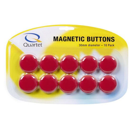 The QTTMB3100 pack: a Quartet card printed Magnetic Buttons, 30mm diameter, 10 Pack, with 10 red buttons in 2 rows under a clear blister on a yellow and white backing.