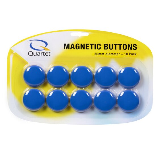 The QTTMB3200 pack: a Quartet card printed Magnetic Buttons, 30mm diameter, 10 Pack, with 10 blue buttons in 2 rows under a clear blister on a yellow and white backing.